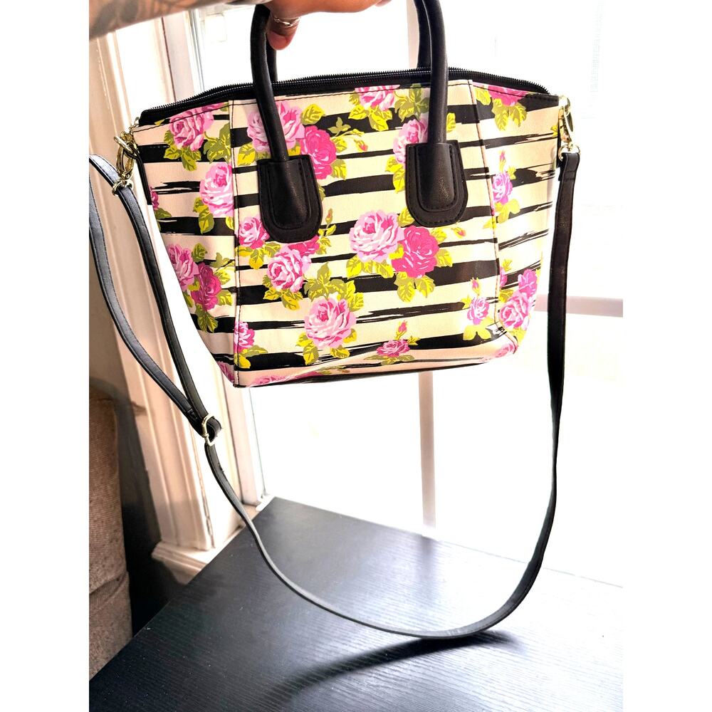 Luv Betsey by Betsey Johnson Naomi Floral & Striped Satchel Crossbody Purse Bag - Picture 6 of 7
